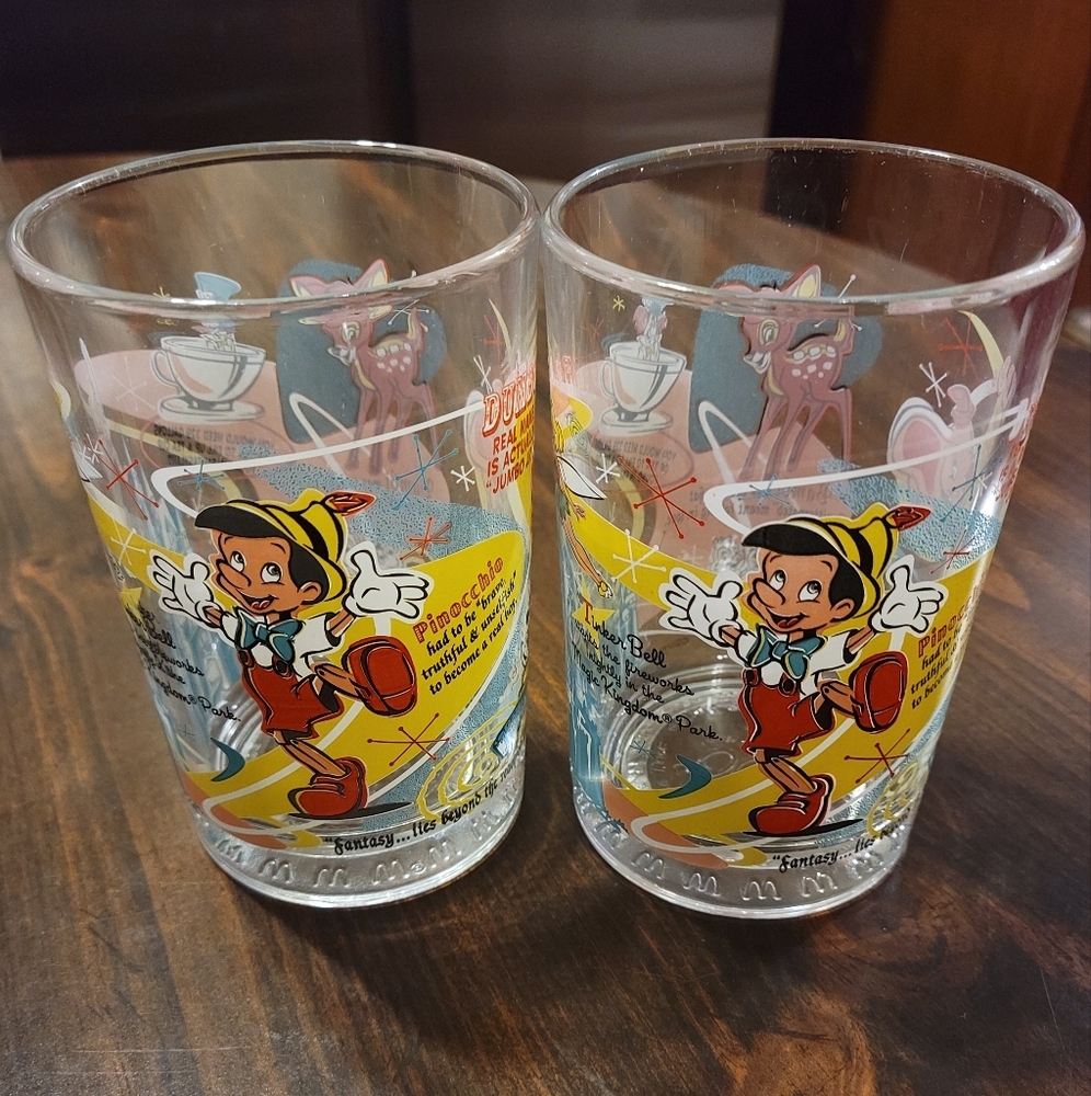 McDonalds 100 Years of Disney Glasses Set of 2 Pinocchio Tinkerbell Mickey Mouse